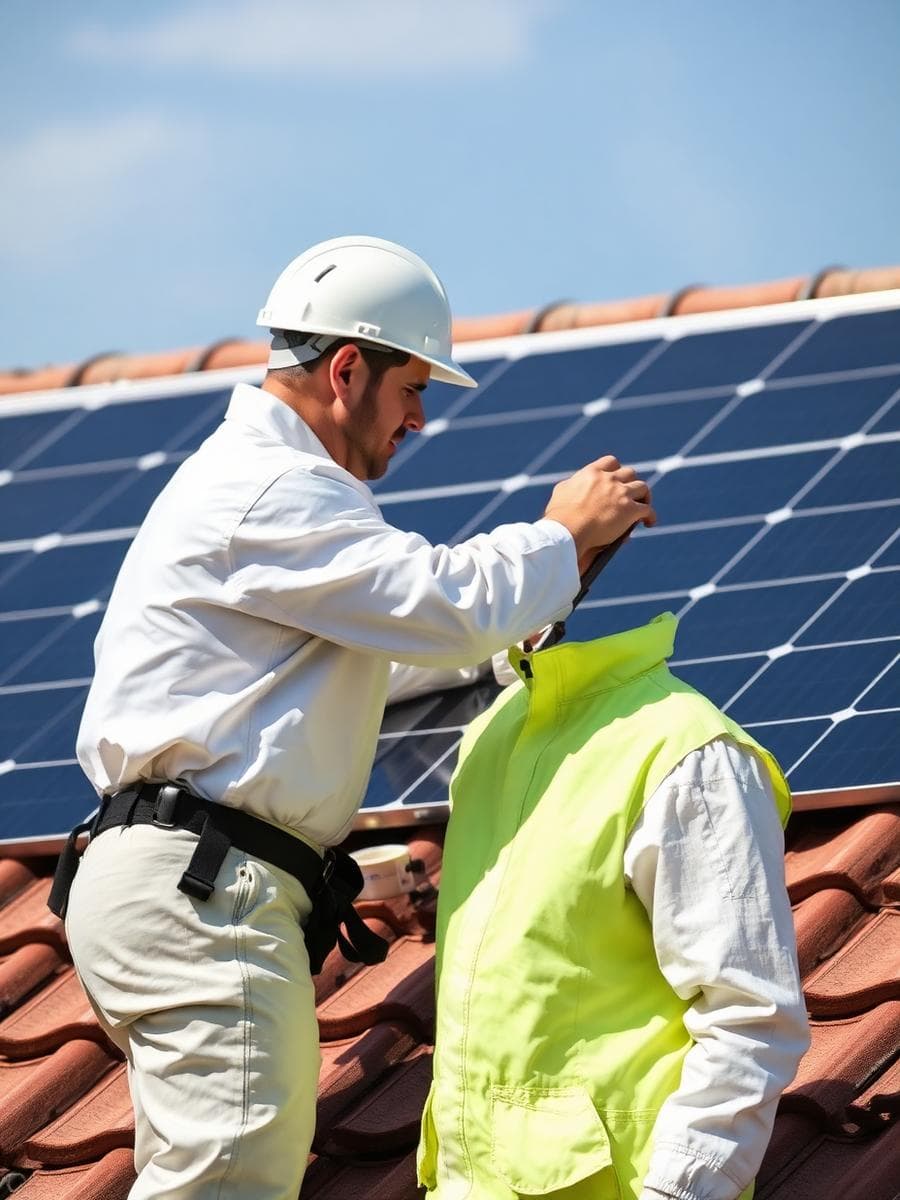 Technician installing a solar panel on a rooftop