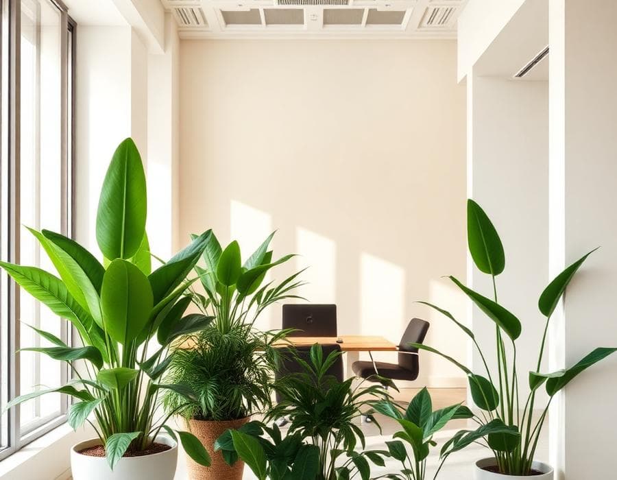 Bright minimal office interior with plants