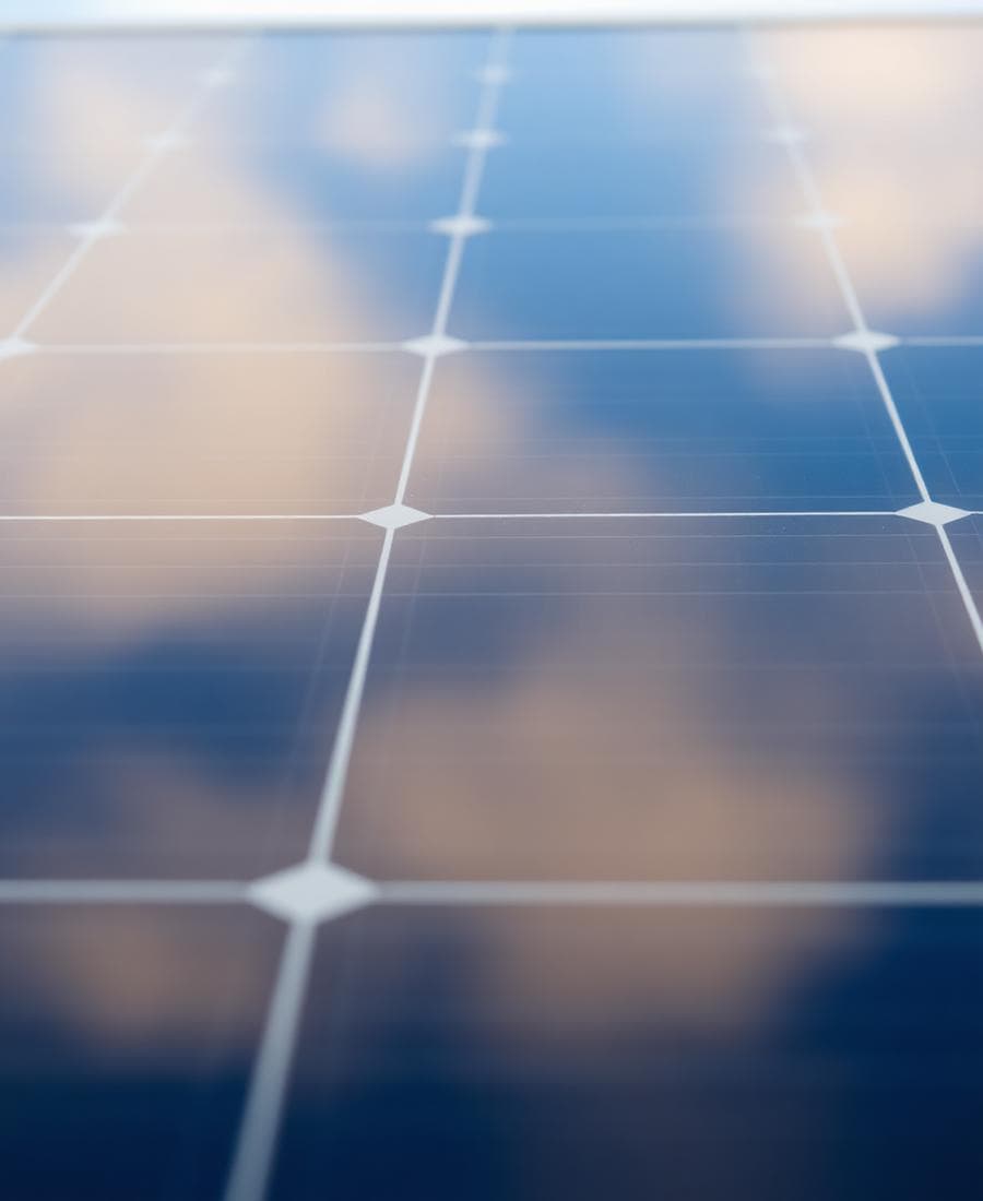 Close-up of a solar panel reflecting the sky